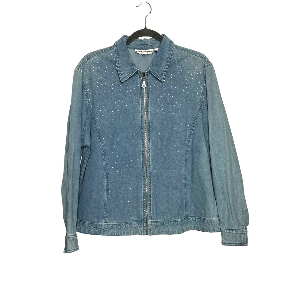 Cathy Daniels Denim Jacket XL Rhinestone Zip Front Lightweight Chambray Jacket